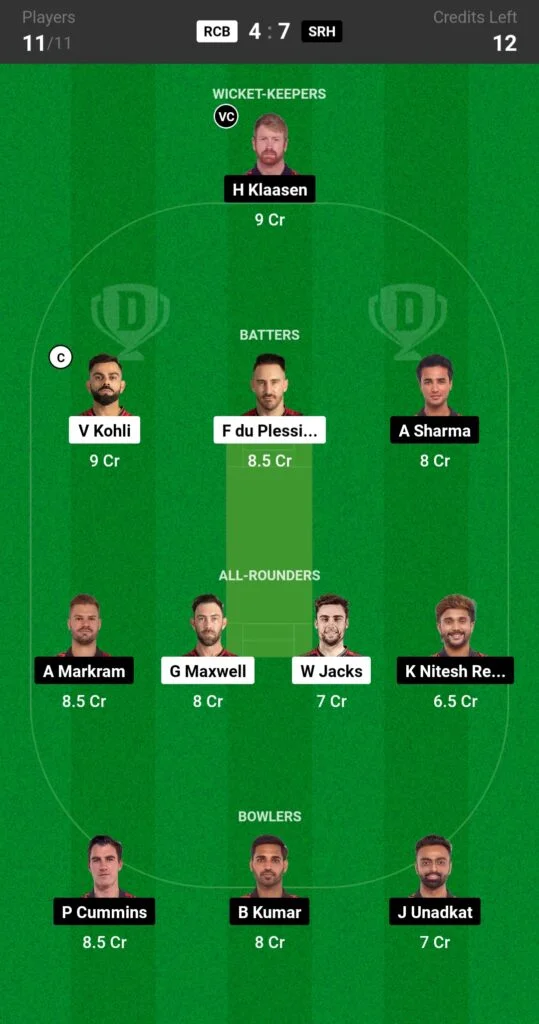 RCB vs SRH Dream11 Prediction (H2H)