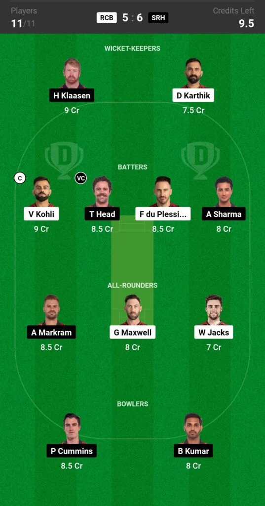 RCB vs SRH Dream11 Prediction (Mega)